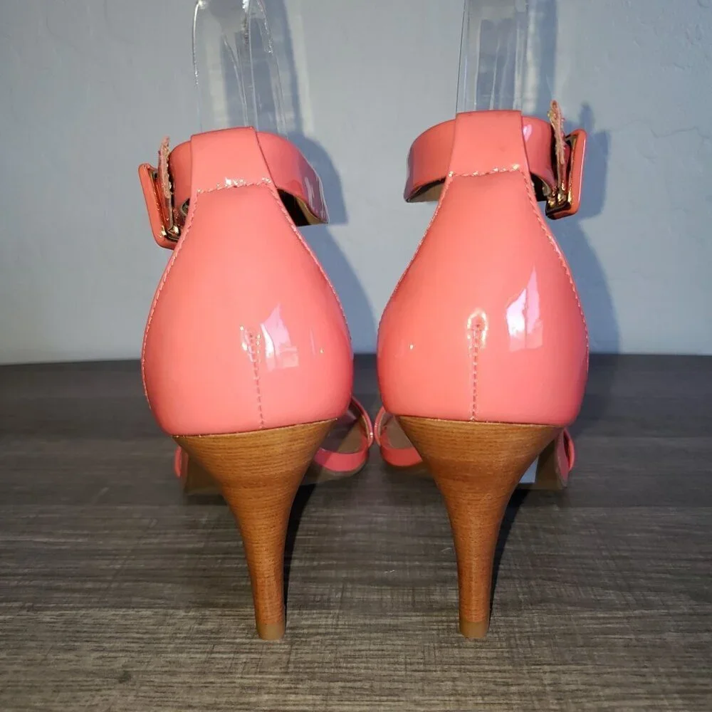 Talbots Lakia Patent Leather Ankle Strap Heels Sandal Open Toe Coral Sz Womens 7